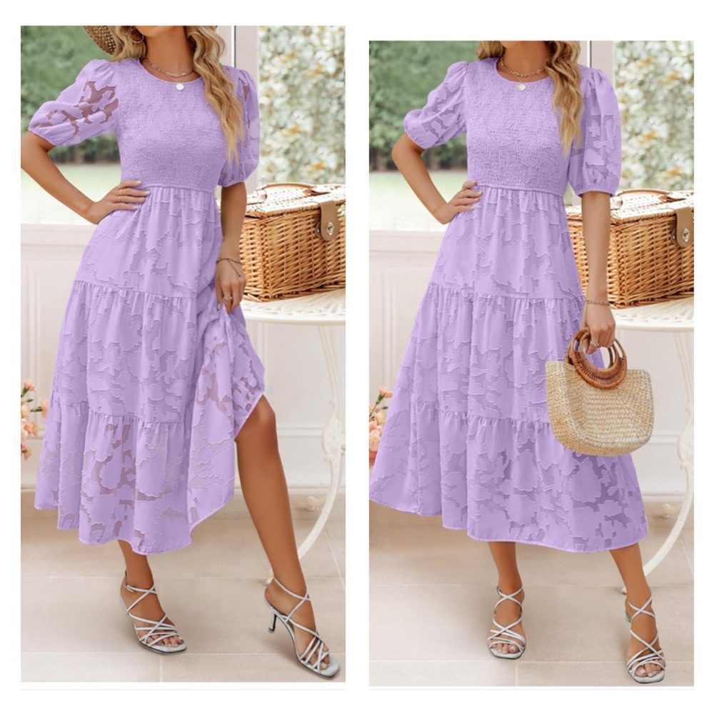 Short Puff Sleeve Crewneck Smocked Floral Lace Flowy A Line Tiered Maxi Dresses